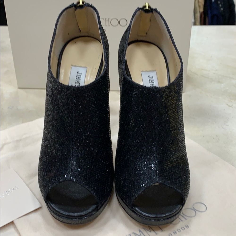 JIMMY CHOO GLINT BLACK KID LEATHER STILETTOS W/PLATFORM BOOTIES EU38.5 - Picture 6 of 8